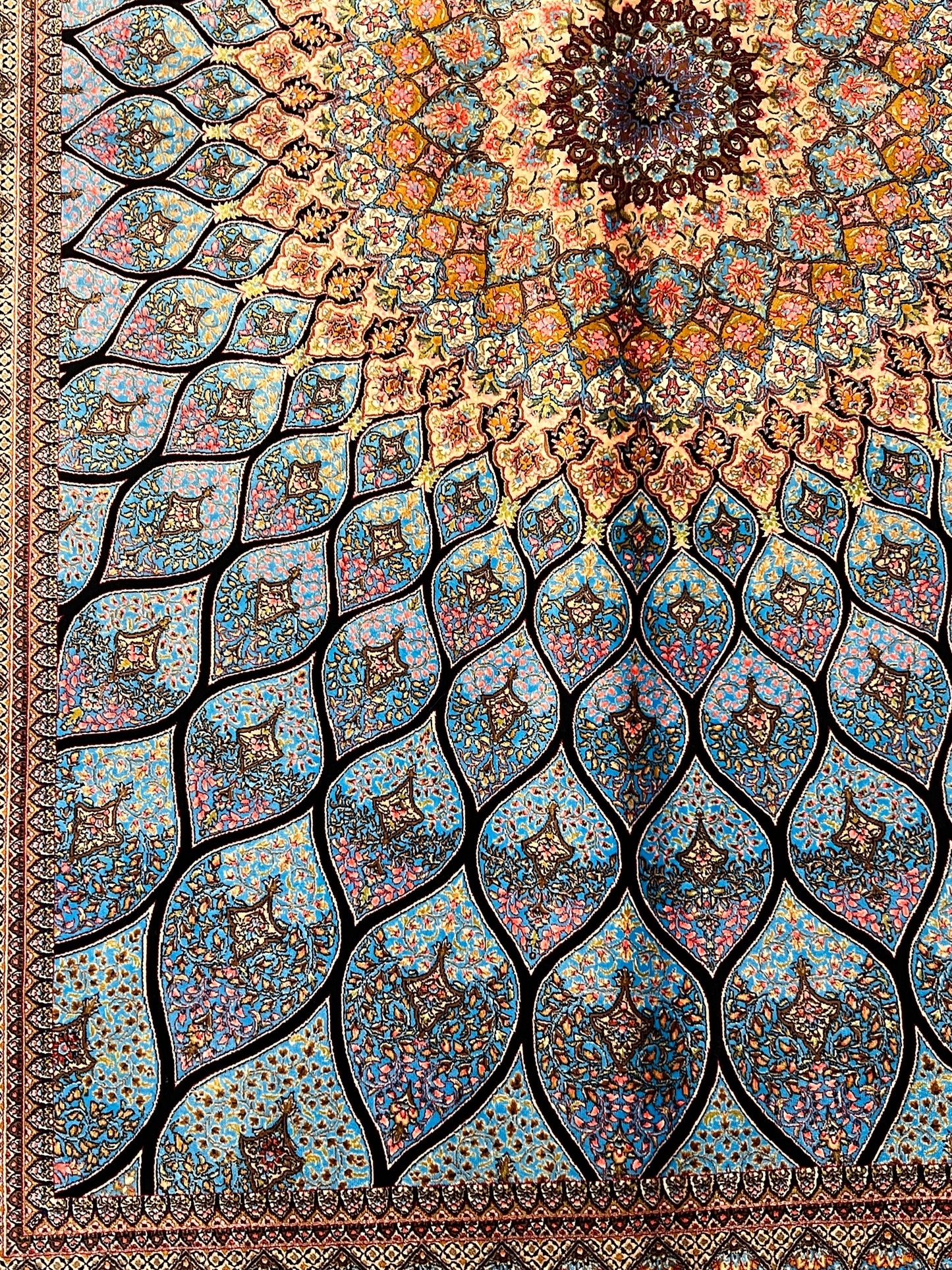 4x6 ft Silk Rug – Turquoise Blue, Gold & Black Radiating Floral Medallion Area Rug with Intricate Geometric Botanical Design