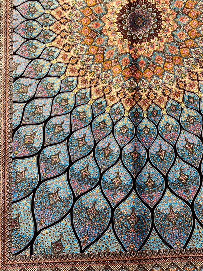 4x6 ft Silk Rug – Turquoise Blue, Gold & Black Radiating Floral Medallion Area Rug with Intricate Geometric Botanical Design