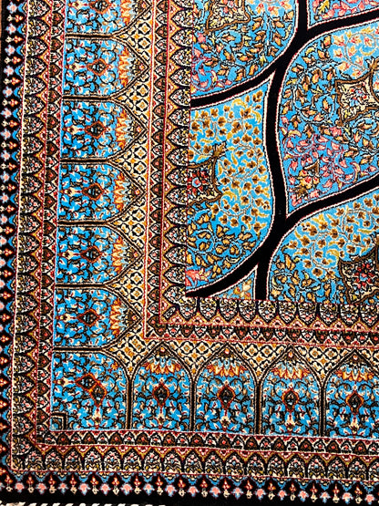 4x6 ft Silk Rug – Turquoise Blue, Gold & Black Radiating Floral Medallion Area Rug with Intricate Geometric Botanical Design
