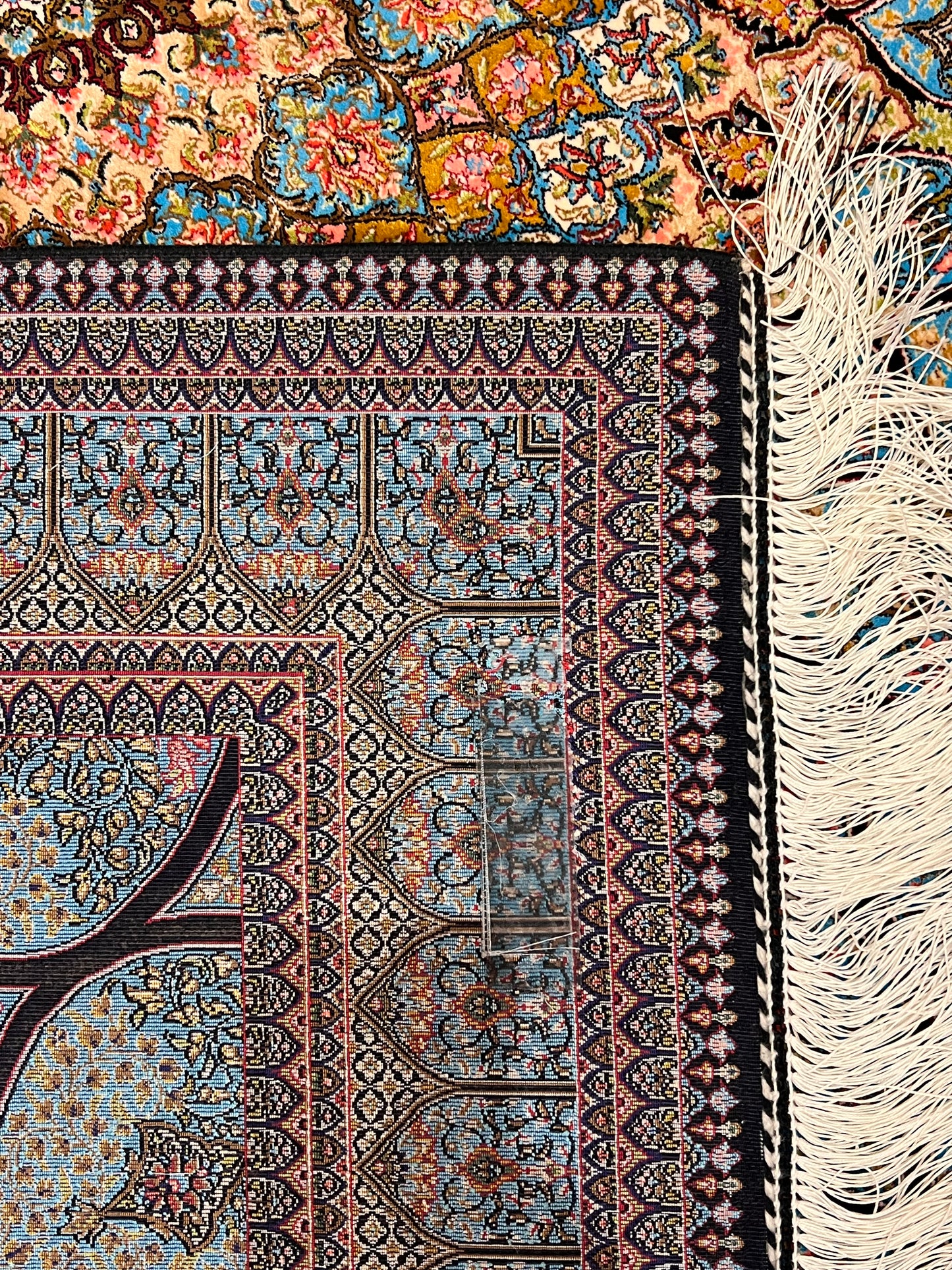 4x6 ft Silk Rug – Turquoise Blue, Gold & Black Radiating Floral Medallion Area Rug with Intricate Geometric Botanical Design