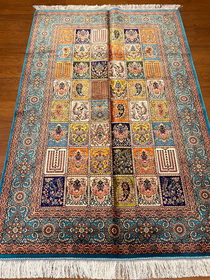 4x6 ft Multicolor Silk Rug – Turquoise Border Garden Panel Design, Elegant Floral Area Rug