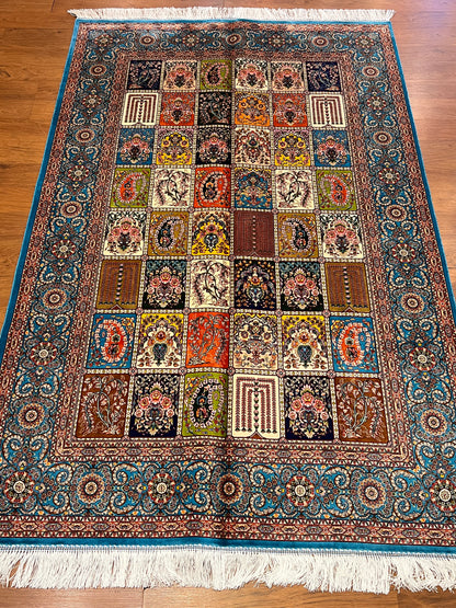 4x6 ft Multicolor Silk Rug – Turquoise Border Garden Panel Design, Elegant Floral Area Rug