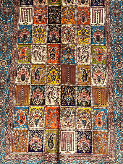 4x6 ft Multicolor Silk Rug – Turquoise Border Garden Panel Design, Elegant Floral Area Rug