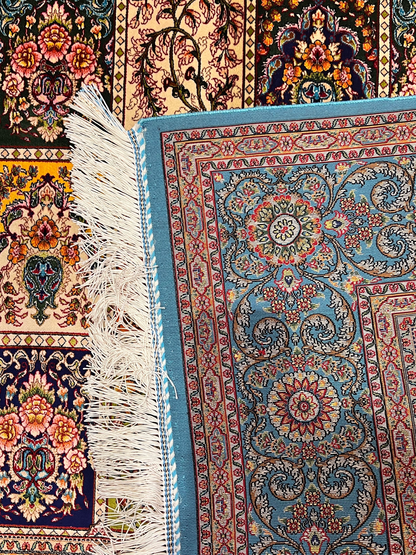 4x6 ft Multicolor Silk Rug – Turquoise Border Garden Panel Design, Elegant Floral Area Rug