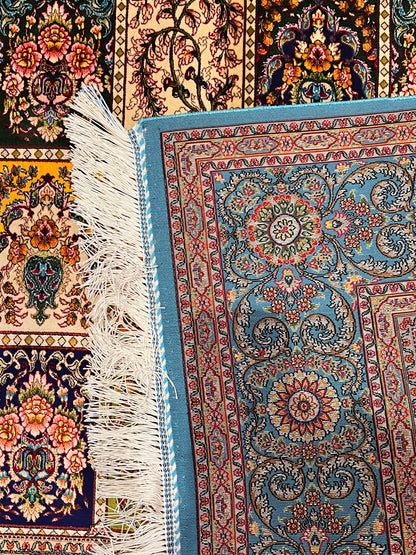 4x6 ft Multicolor Silk Rug – Turquoise Border Garden Panel Design, Elegant Floral Area Rug
