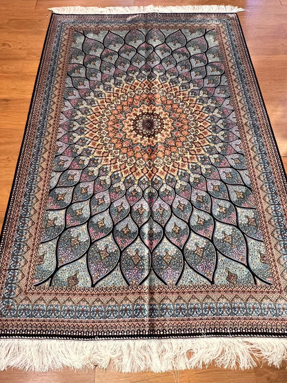 4x6 ft Silk Rug – Ivory & Soft Blue Geometric Medallion Area Rug, Elegant Floral Design