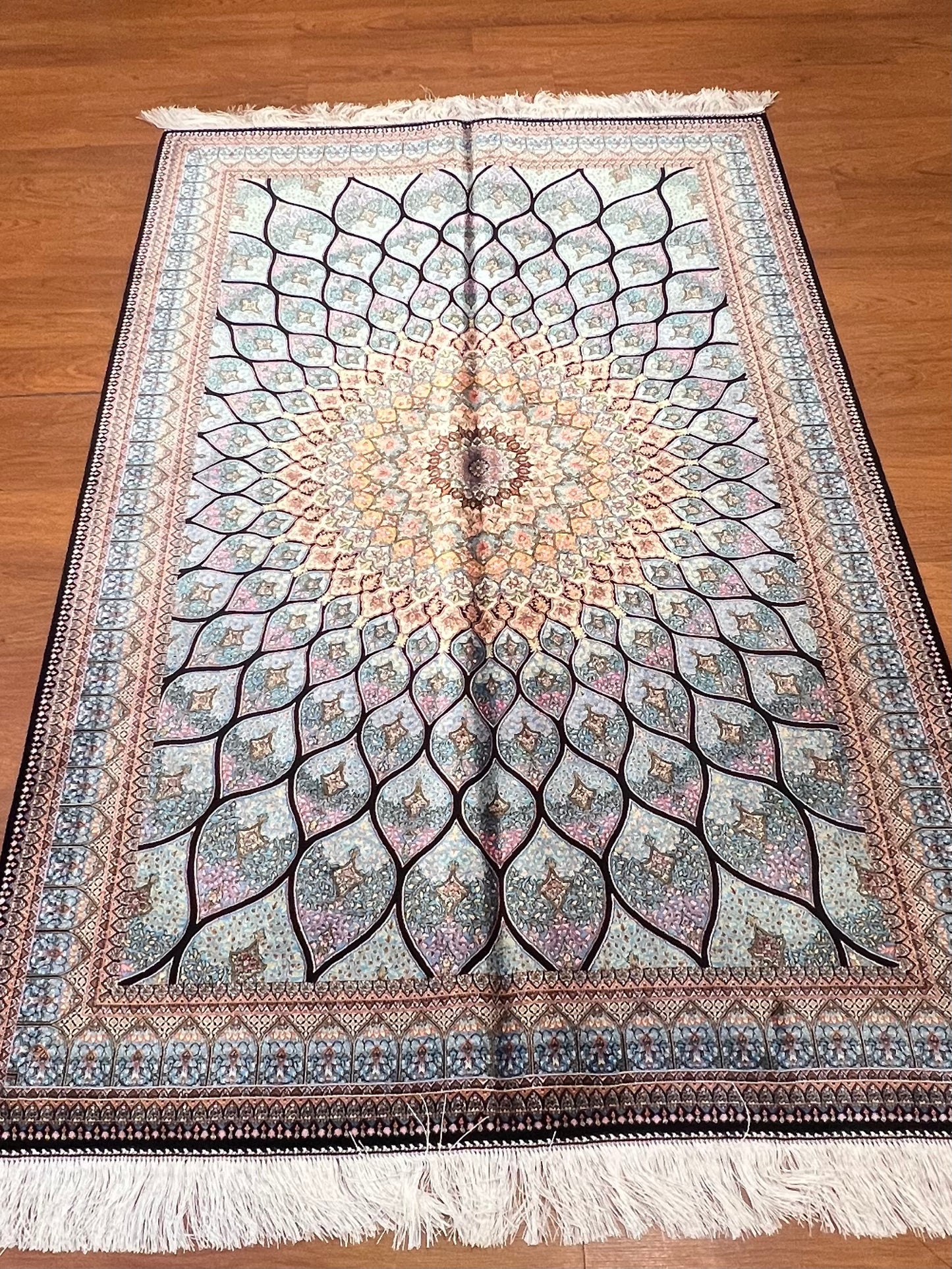 4x6 ft Silk Rug – Ivory & Soft Blue Geometric Medallion Area Rug, Elegant Floral Design