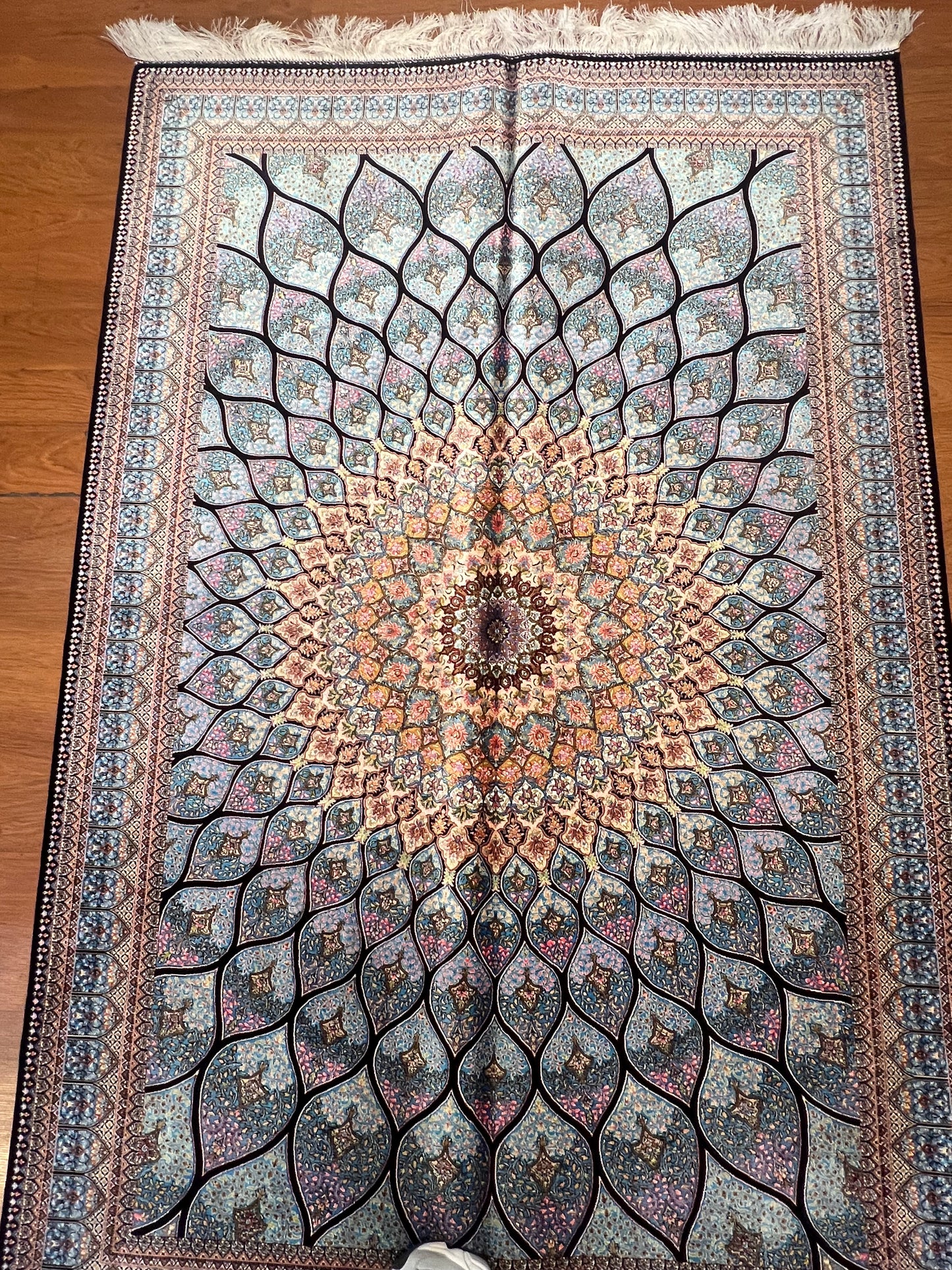 4x6 ft Silk Rug – Ivory & Soft Blue Geometric Medallion Area Rug, Elegant Floral Design