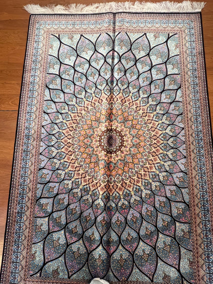 4x6 ft Silk Rug – Ivory & Soft Blue Geometric Medallion Area Rug, Elegant Floral Design