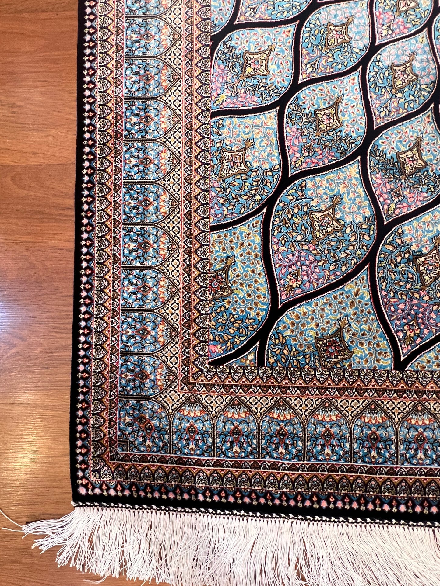 4x6 ft Silk Rug – Ivory & Soft Blue Geometric Medallion Area Rug, Elegant Floral Design
