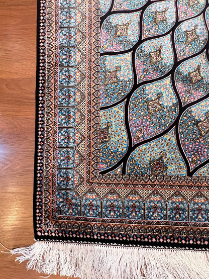 4x6 ft Silk Rug – Ivory & Soft Blue Geometric Medallion Area Rug, Elegant Floral Design