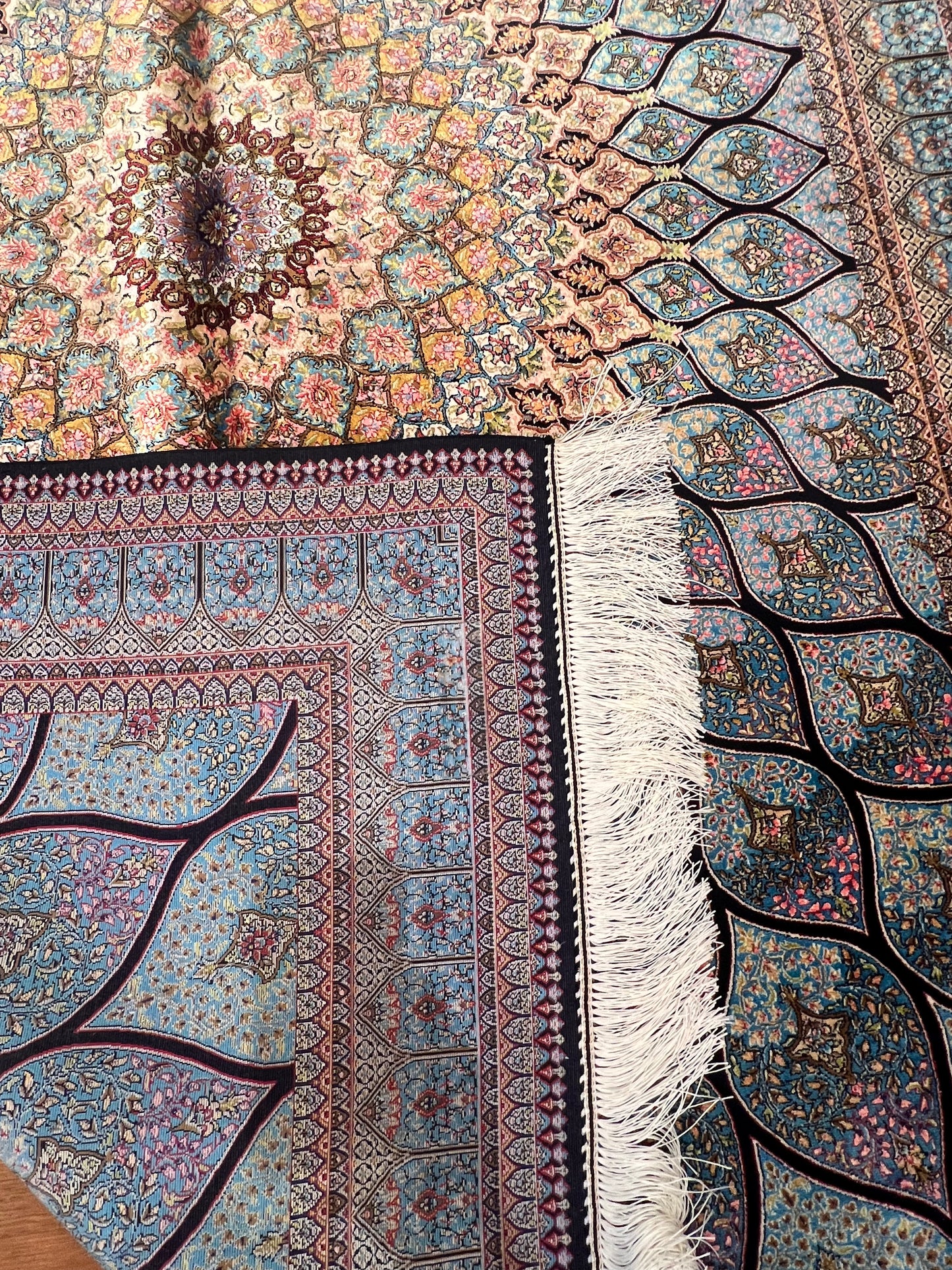 4x6 ft Silk Rug – Ivory & Soft Blue Geometric Medallion Area Rug, Elegant Floral Design