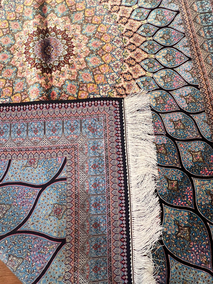 4x6 ft Silk Rug – Ivory & Soft Blue Geometric Medallion Area Rug, Elegant Floral Design