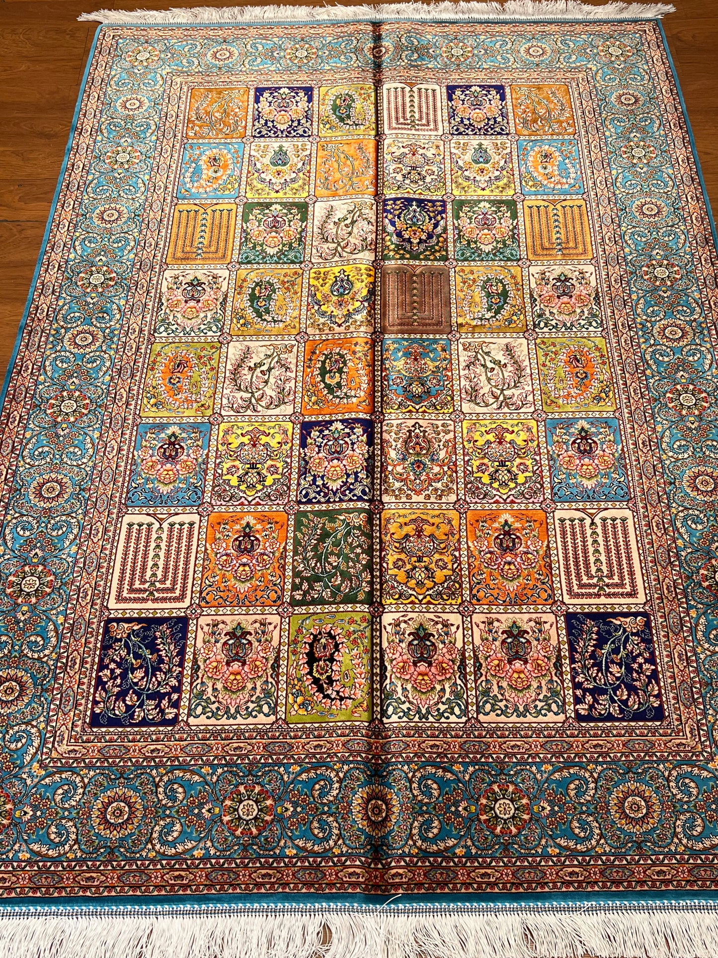 4x6 ft Silk Rug – Turquoise & Multicolor Garden Panel Floral Area Rug, Elegant Traditional Design