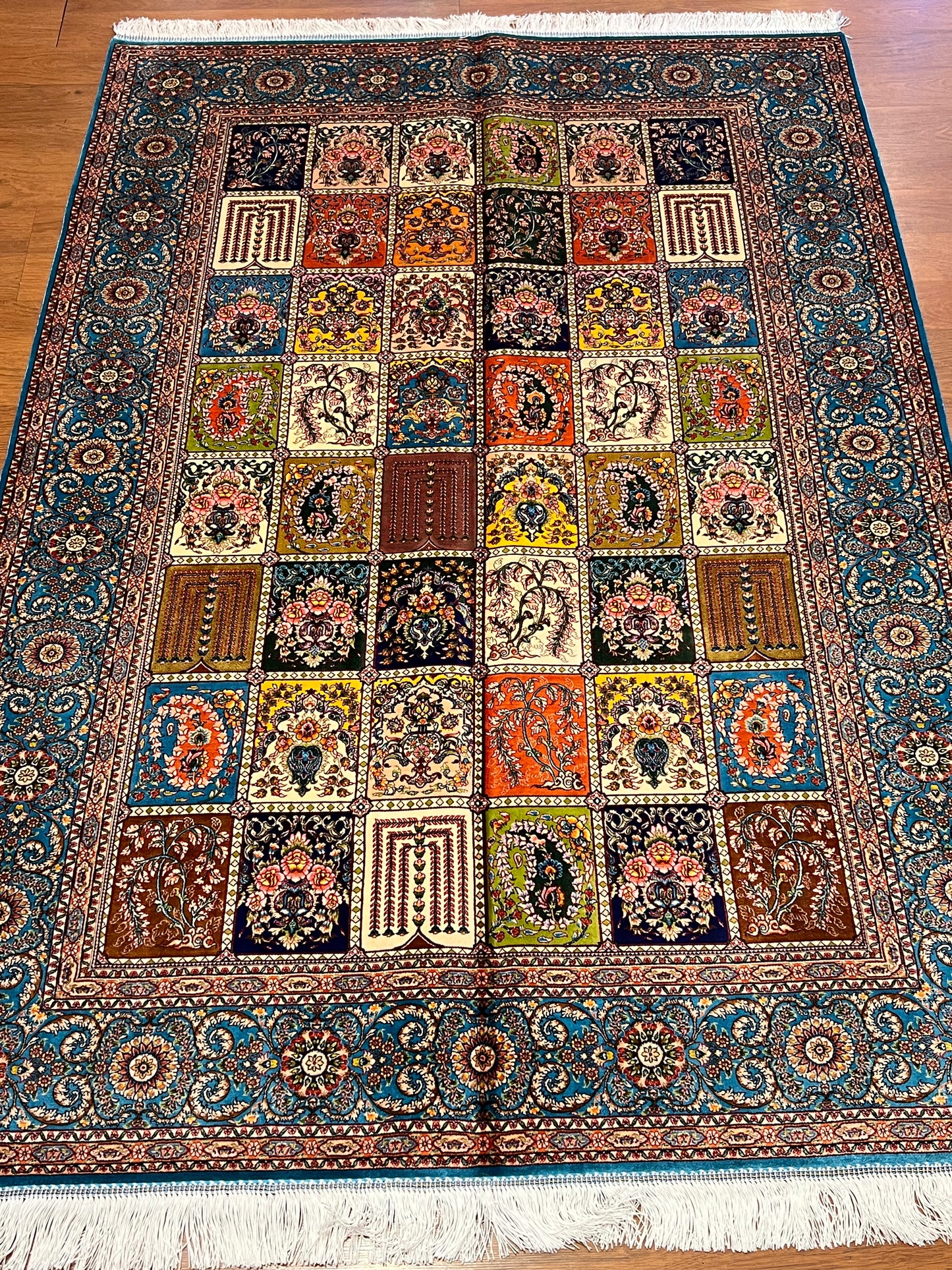4x6 ft Silk Rug – Turquoise & Multicolor Garden Panel Floral Area Rug, Elegant Traditional Design