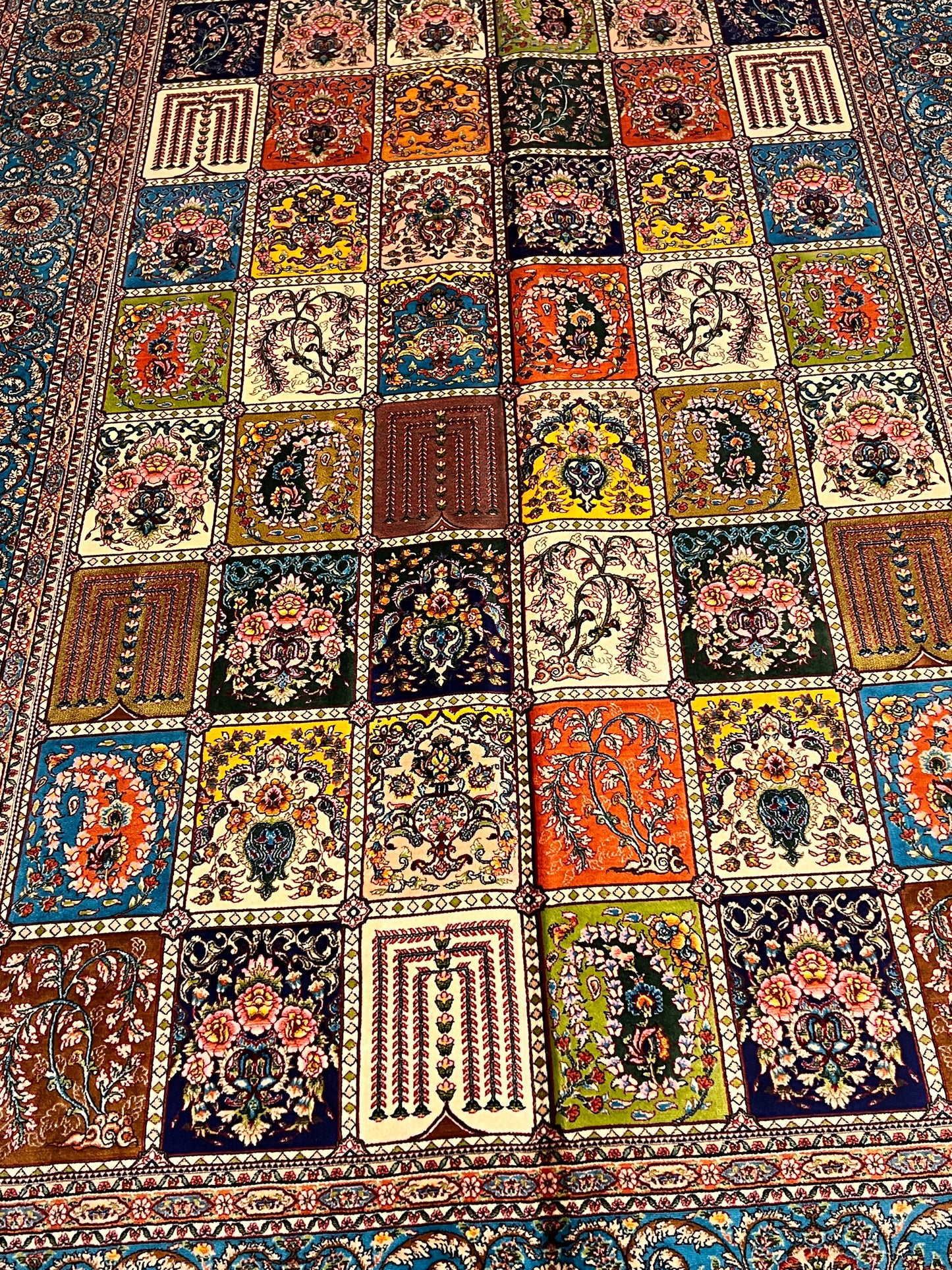 4x6 ft Silk Rug – Turquoise & Multicolor Garden Panel Floral Area Rug, Elegant Traditional Design