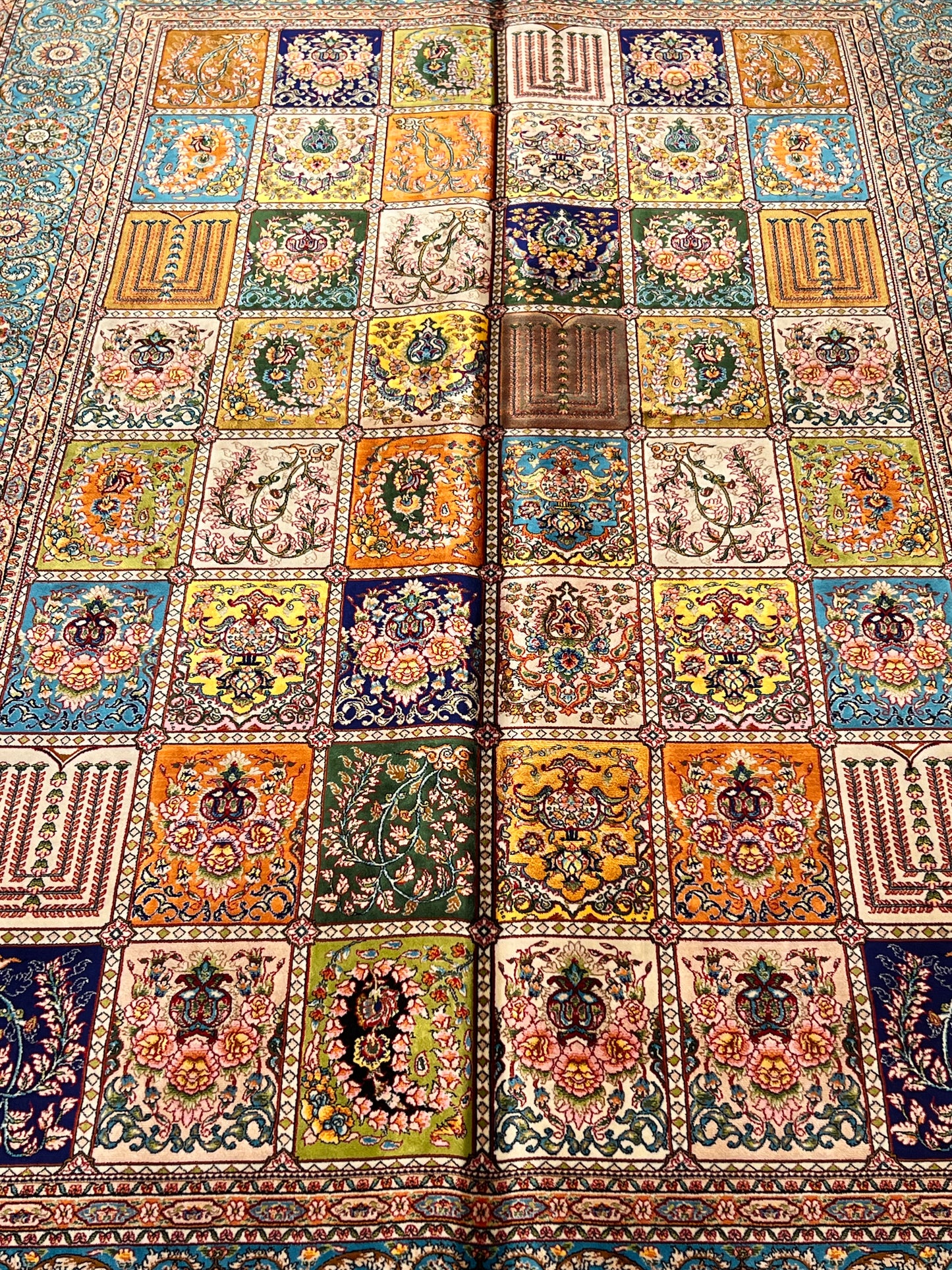 4x6 ft Silk Rug – Turquoise & Multicolor Garden Panel Floral Area Rug, Elegant Traditional Design