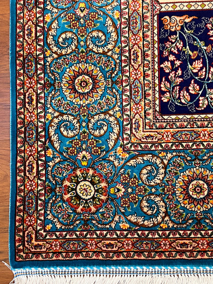 4x6 ft Silk Rug – Turquoise & Multicolor Garden Panel Floral Area Rug, Elegant Traditional Design