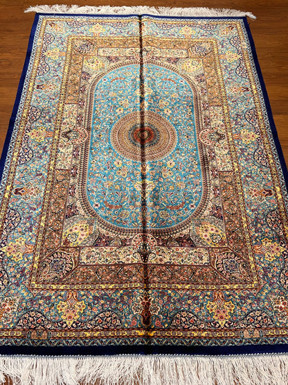 4x6 ft Soft Blue Silk Rug – Navy & Ivory Floral Medallion Area Rug, Elegant Classic Design