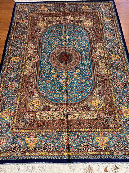 4x6 ft Soft Blue Silk Rug – Navy & Ivory Floral Medallion Area Rug, Elegant Classic Design