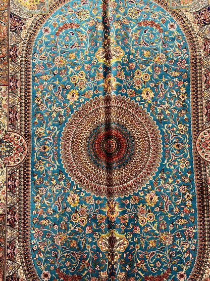 4x6 ft Soft Blue Silk Rug – Navy & Ivory Floral Medallion Area Rug, Elegant Classic Design
