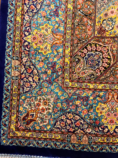 4x6 ft Soft Blue Silk Rug – Navy & Ivory Floral Medallion Area Rug, Elegant Classic Design