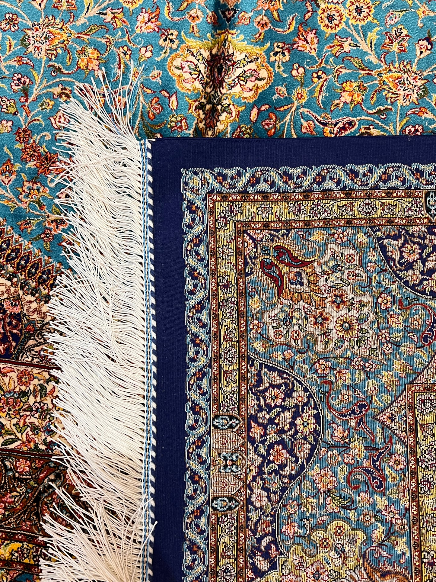 4x6 ft Soft Blue Silk Rug – Navy & Ivory Floral Medallion Area Rug, Elegant Classic Design