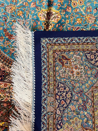4x6 ft Soft Blue Silk Rug – Navy & Ivory Floral Medallion Area Rug, Elegant Classic Design