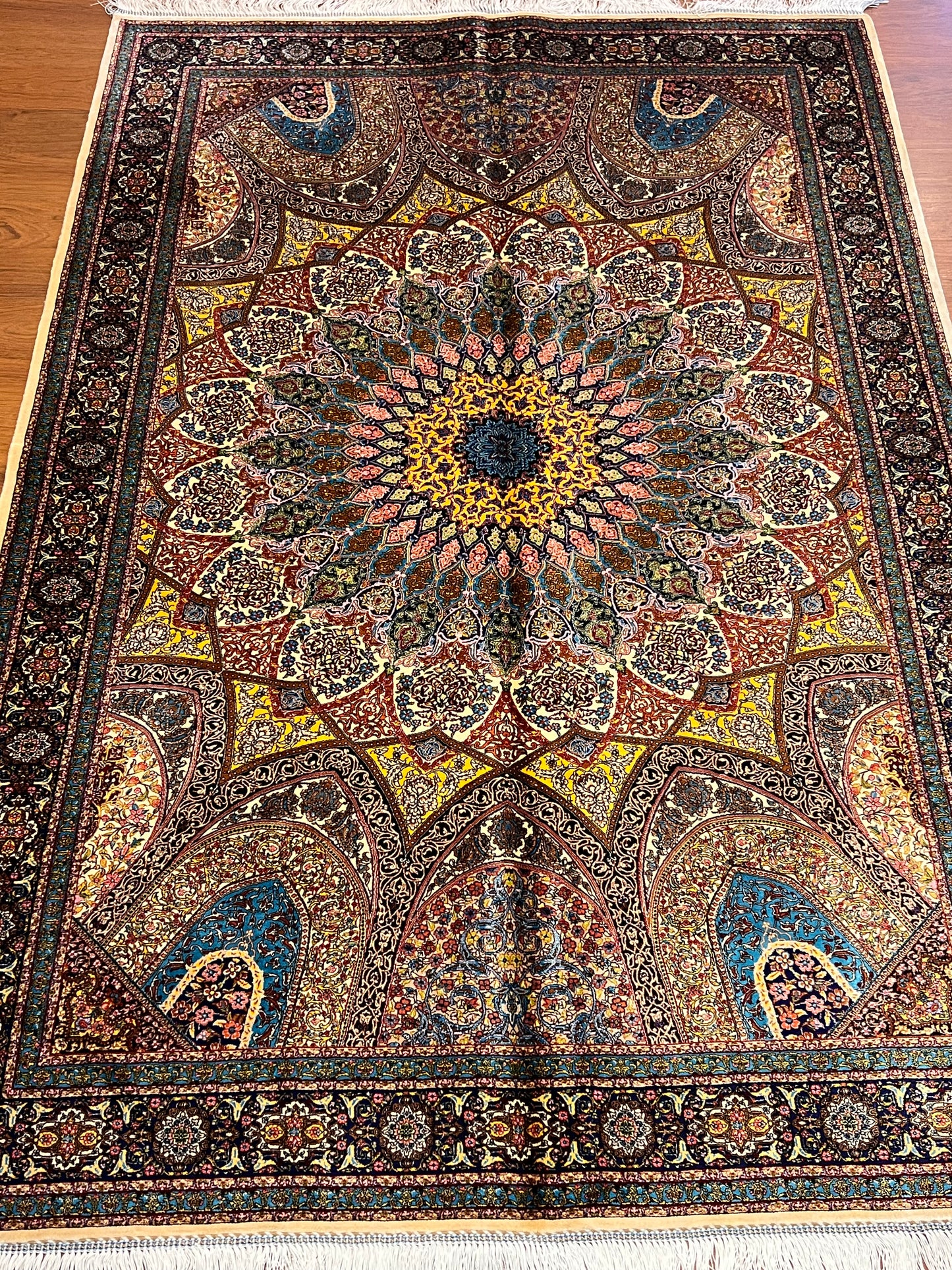 4x6 ft Silk Rug – Navy, Turquoise & Gold Ornate Medallion Area Rug, Luxury Statement Design