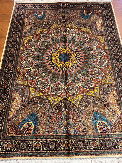 4x6 ft Silk Rug – Navy, Turquoise & Gold Ornate Medallion Area Rug, Luxury Statement Design