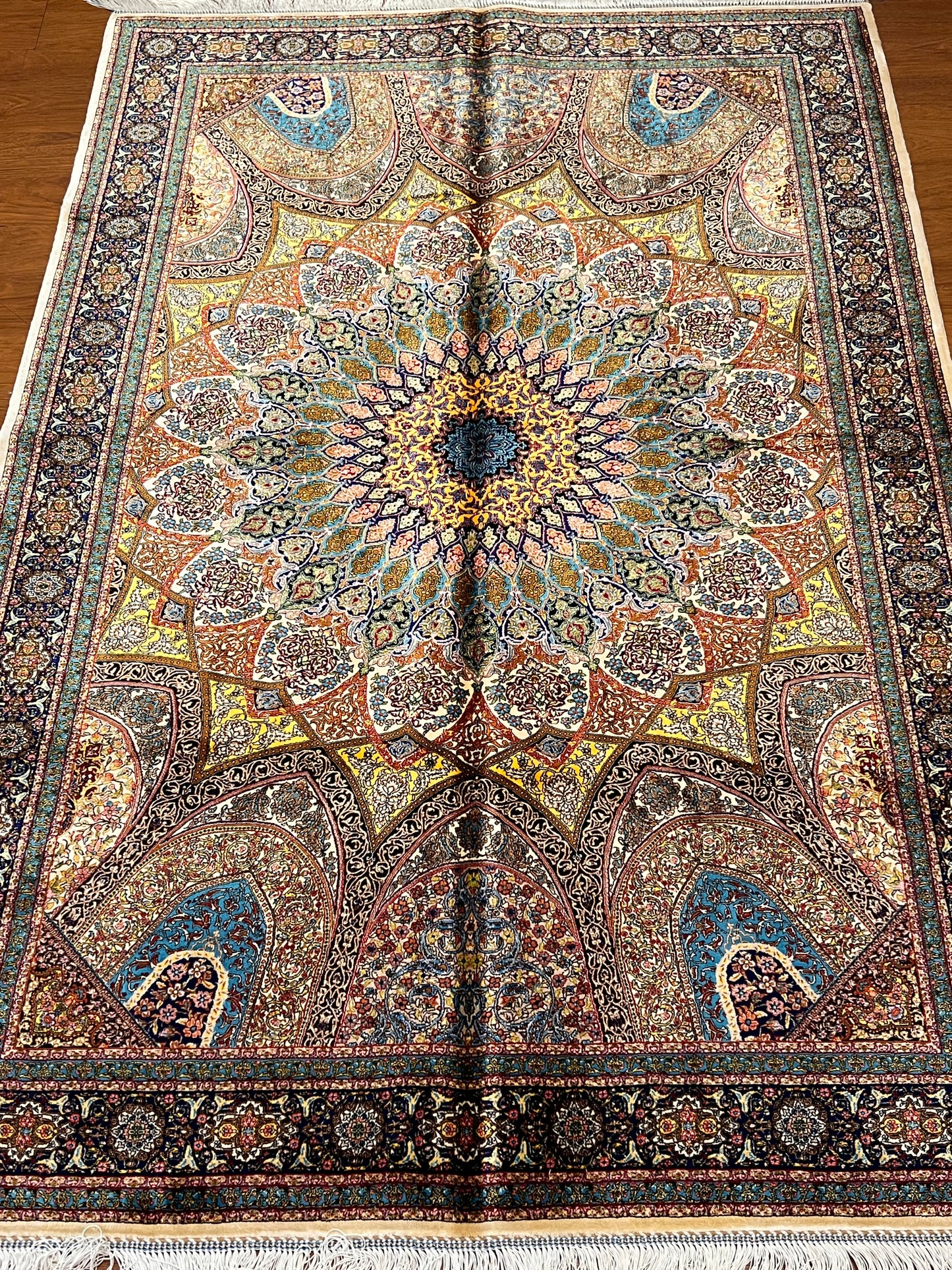 4x6 ft Silk Rug – Navy, Turquoise & Gold Ornate Medallion Area Rug, Luxury Statement Design
