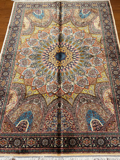 4x6 ft Silk Rug – Navy, Turquoise & Gold Ornate Medallion Area Rug, Luxury Statement Design