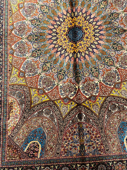 4x6 ft Silk Rug – Navy, Turquoise & Gold Ornate Medallion Area Rug, Luxury Statement Design
