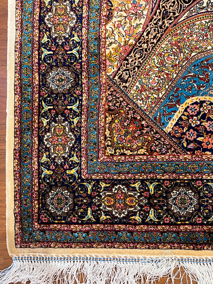 4x6 ft Silk Rug – Navy, Turquoise & Gold Ornate Medallion Area Rug, Luxury Statement Design