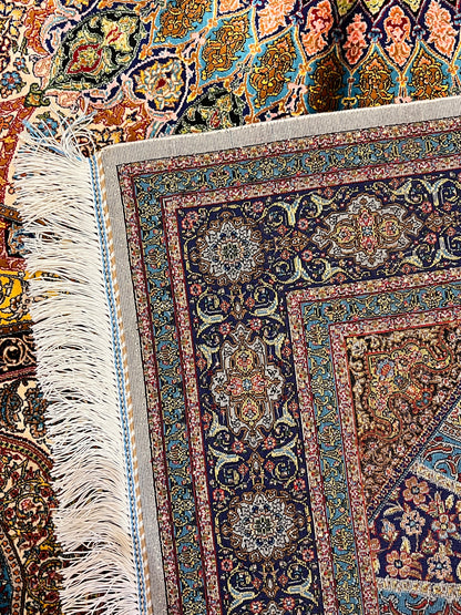 4x6 ft Silk Rug – Navy, Turquoise & Gold Ornate Medallion Area Rug, Luxury Statement Design