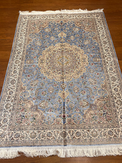 4x6 ft Silk Rug – Soft Blue & Ivory Floral Medallion Area Rug, Elegant Classic Design