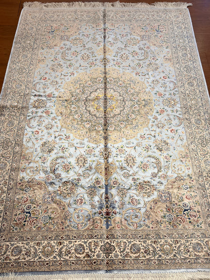 4x6 ft Silk Rug – Soft Blue & Ivory Floral Medallion Area Rug, Elegant Classic Design