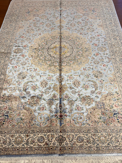 4x6 ft Silk Rug – Soft Blue & Ivory Floral Medallion Area Rug, Elegant Classic Design