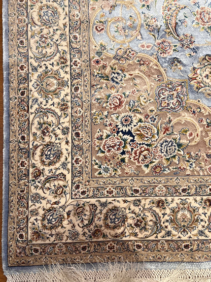 4x6 ft Silk Rug – Soft Blue & Ivory Floral Medallion Area Rug, Elegant Classic Design