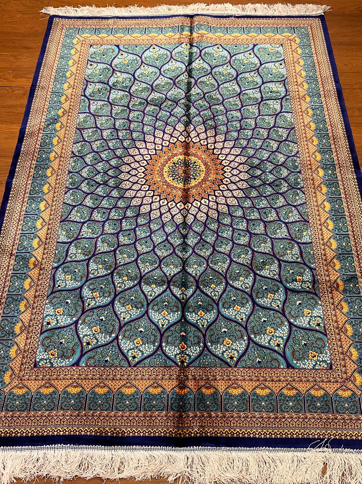 4x6 ft Turquoise Silk Rug – Teal & Navy Geometric Floral Medallion Area Rug, Elegant Statement Design