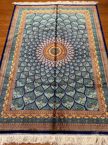 4x6 ft Turquoise Silk Rug – Teal & Navy Geometric Floral Medallion Area Rug, Elegant Statement Design