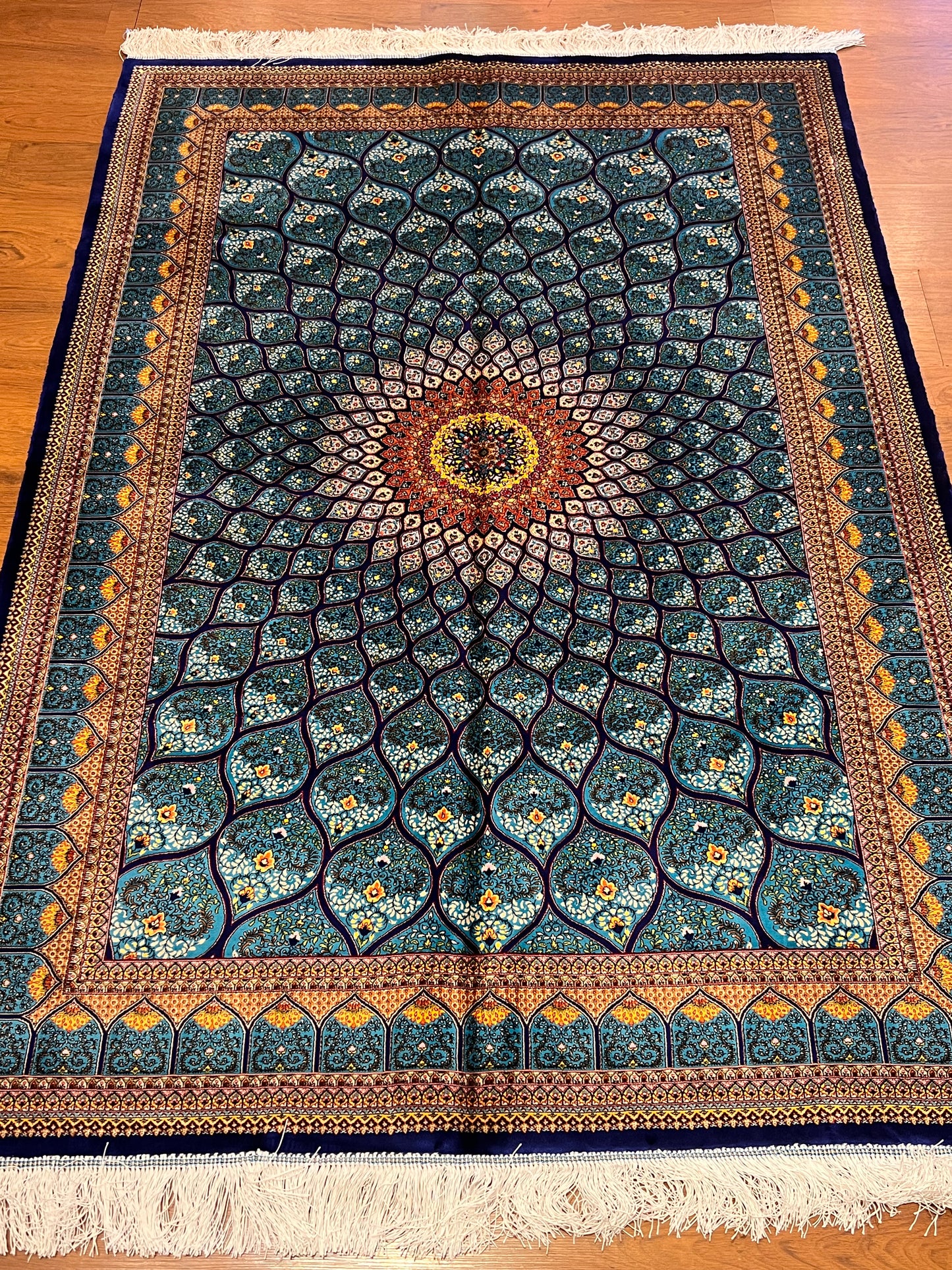 4x6 ft Turquoise Silk Rug – Teal & Navy Geometric Floral Medallion Area Rug, Elegant Statement Design