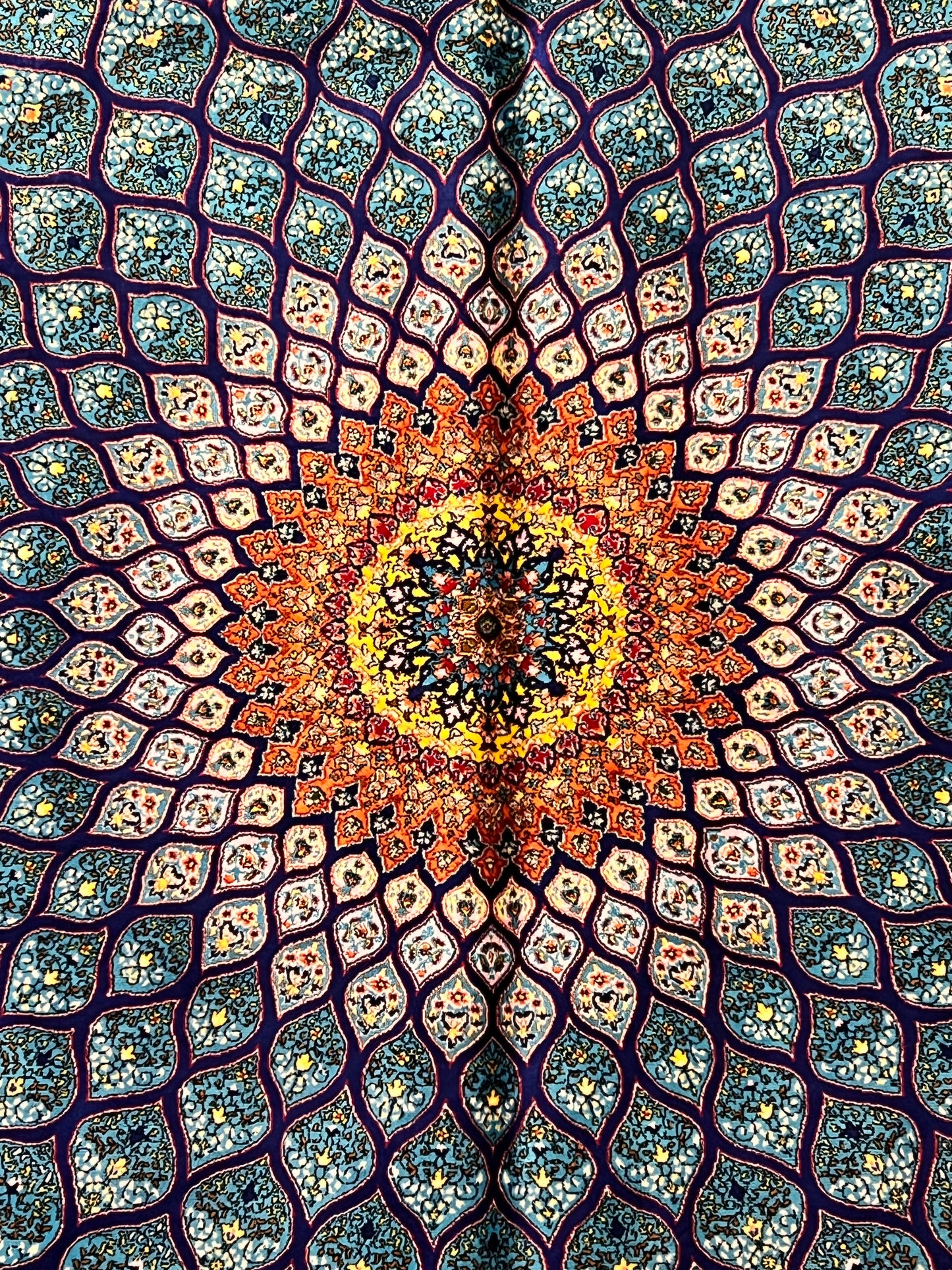 4x6 ft Turquoise Silk Rug – Teal & Navy Geometric Floral Medallion Area Rug, Elegant Statement Design