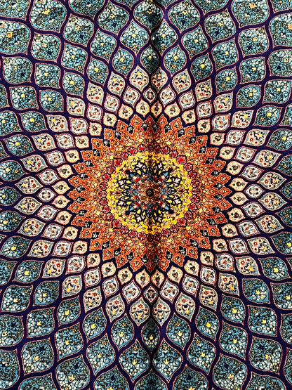 4x6 ft Turquoise Silk Rug – Teal & Navy Geometric Floral Medallion Area Rug, Elegant Statement Design