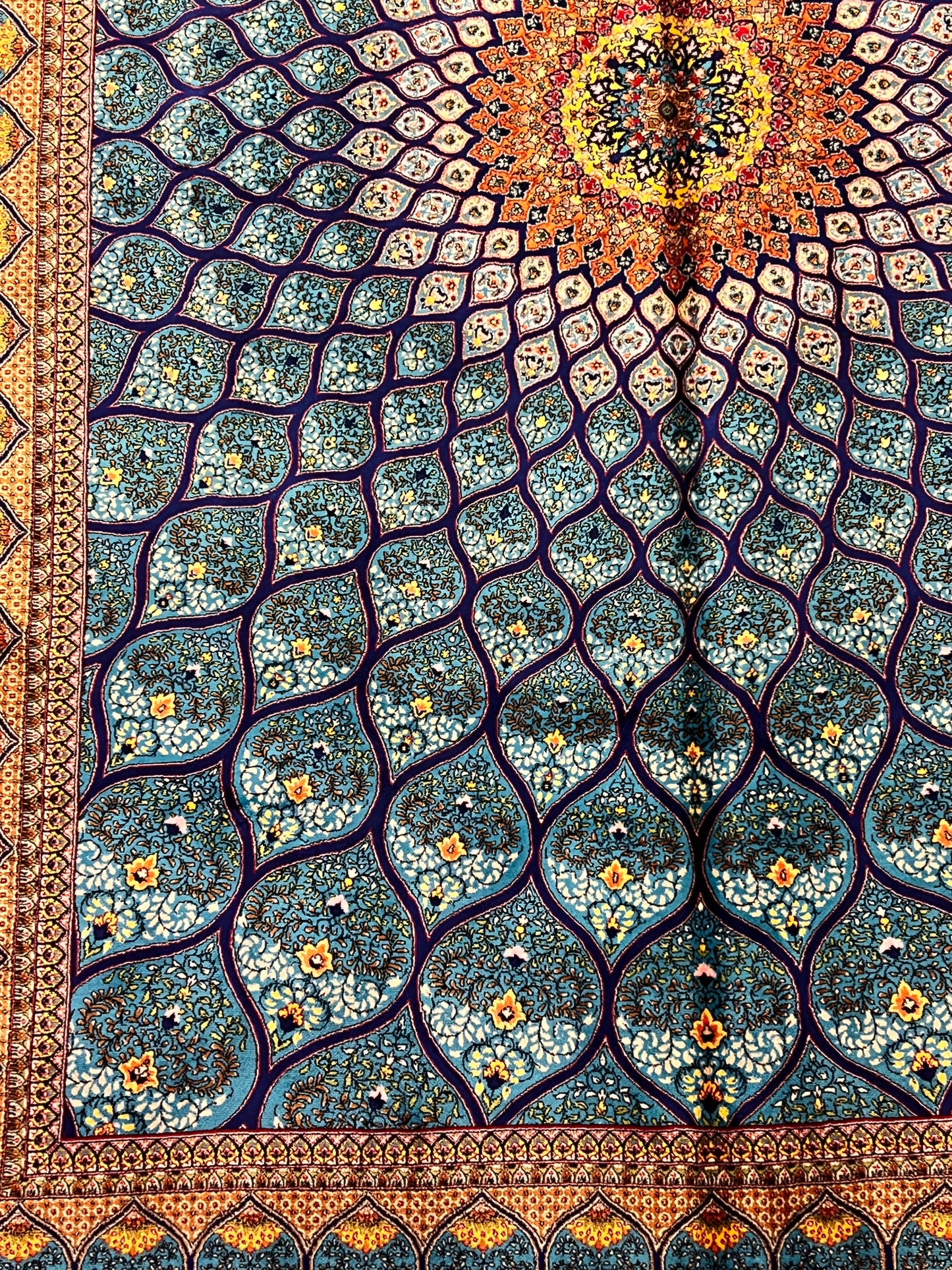 4x6 ft Turquoise Silk Rug – Teal & Navy Geometric Floral Medallion Area Rug, Elegant Statement Design
