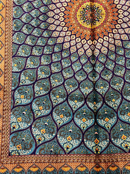 4x6 ft Turquoise Silk Rug – Teal & Navy Geometric Floral Medallion Area Rug, Elegant Statement Design