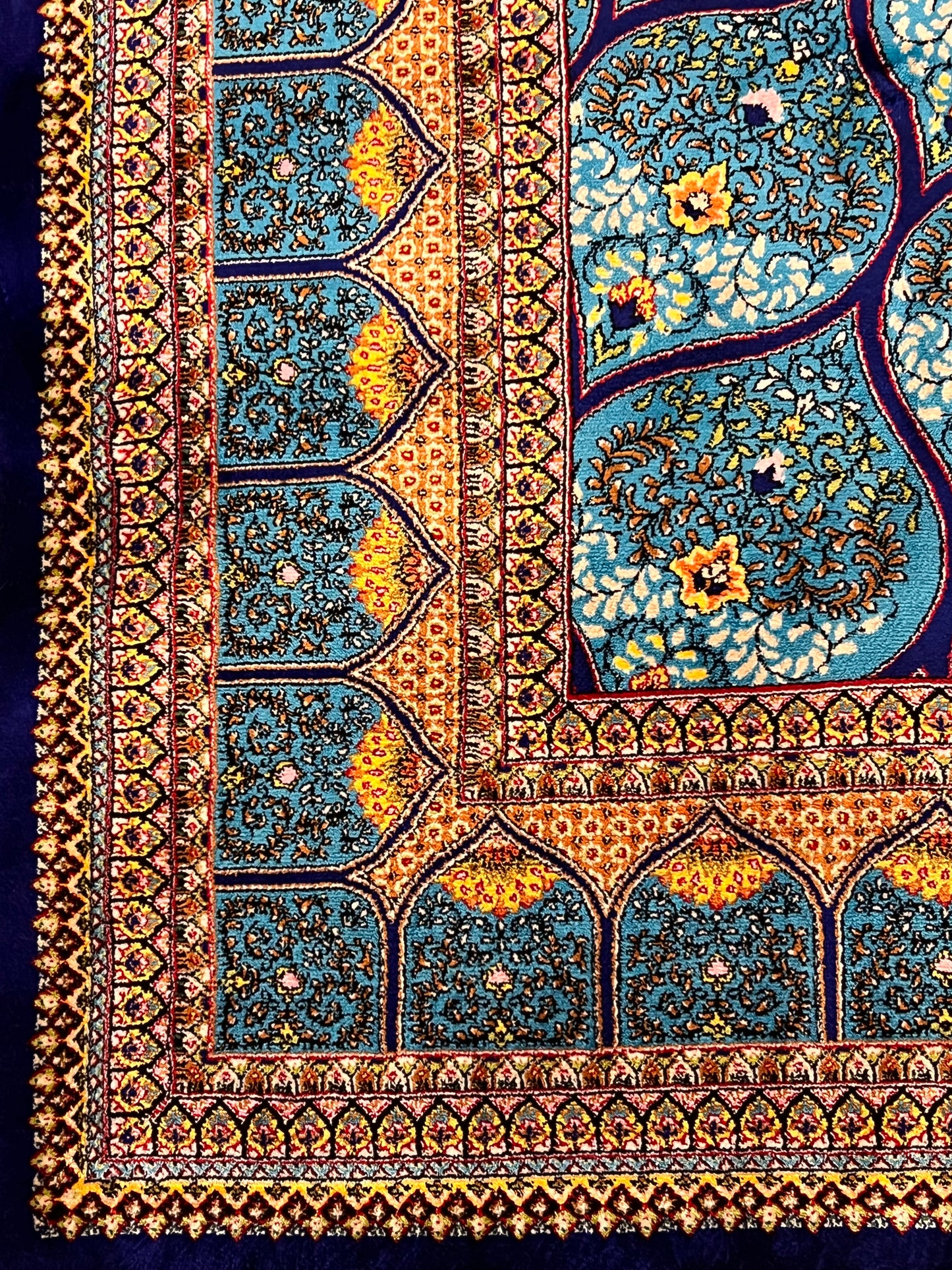 4x6 ft Turquoise Silk Rug – Teal & Navy Geometric Floral Medallion Area Rug, Elegant Statement Design