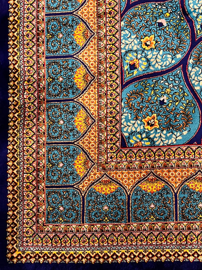 4x6 ft Turquoise Silk Rug – Teal & Navy Geometric Floral Medallion Area Rug, Elegant Statement Design