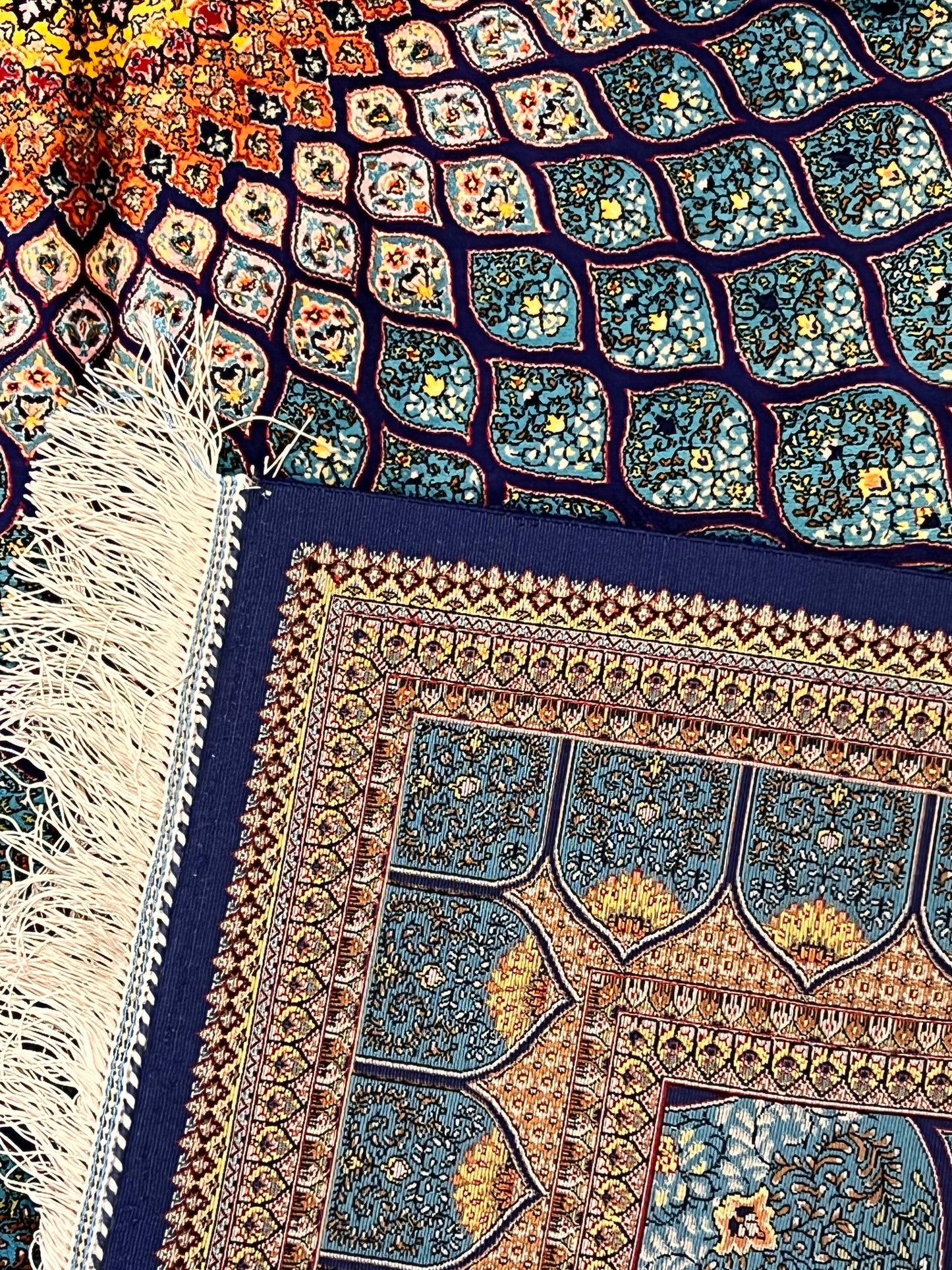 4x6 ft Turquoise Silk Rug – Teal & Navy Geometric Floral Medallion Area Rug, Elegant Statement Design