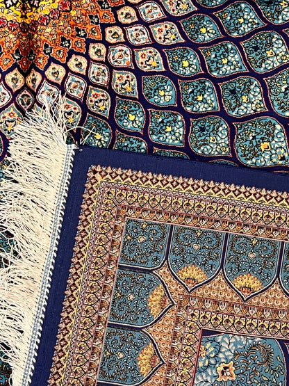 4x6 ft Turquoise Silk Rug – Teal & Navy Geometric Floral Medallion Area Rug, Elegant Statement Design